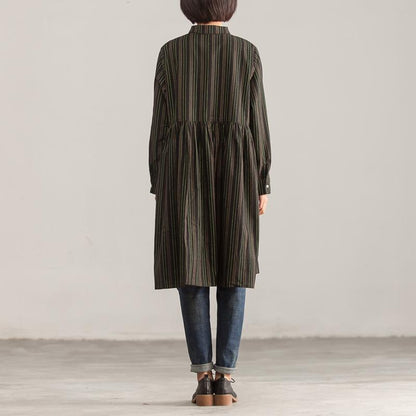 Long Sleeve Stripe Polo Collar Single Breasted Dress