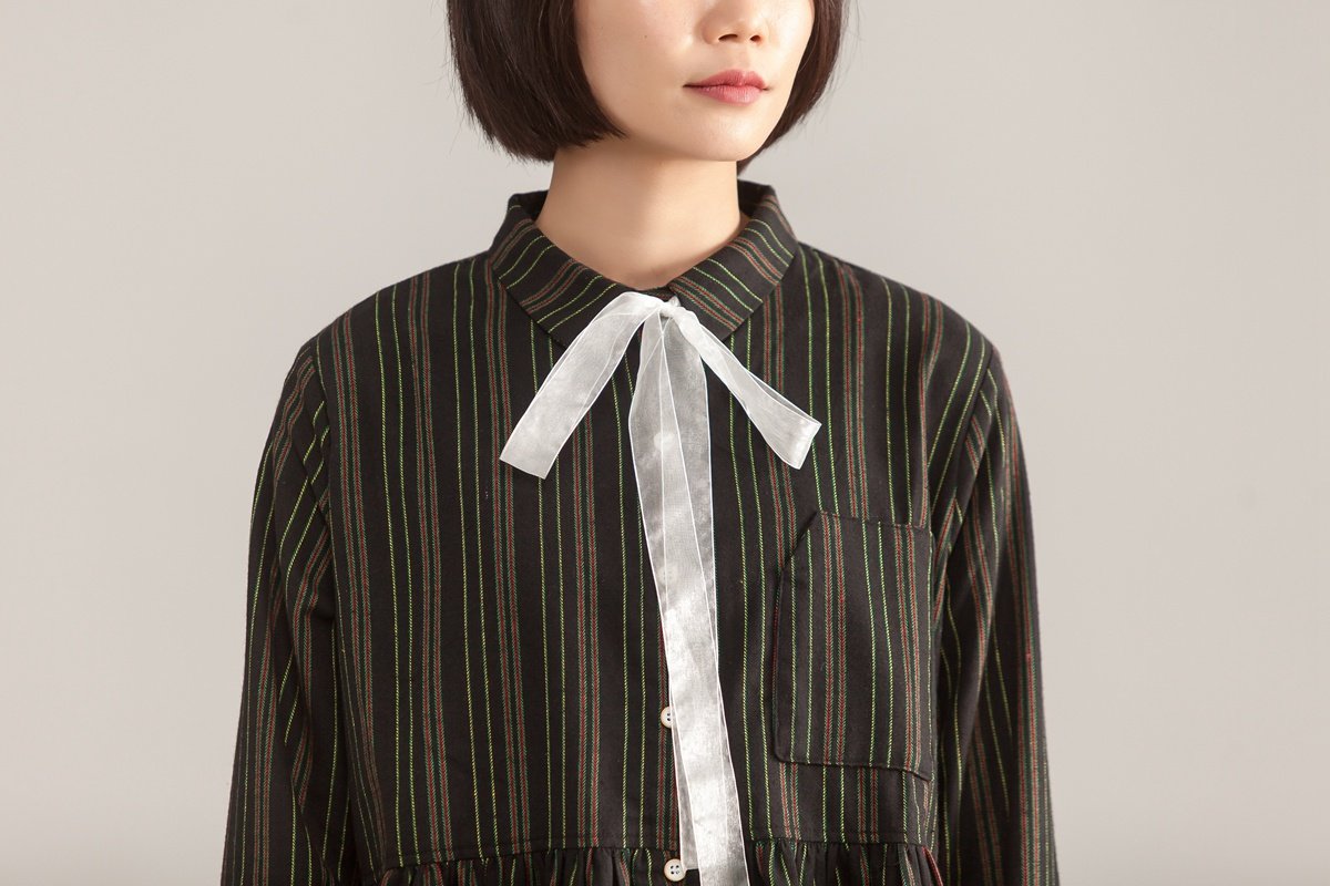 Long Sleeve Stripe Polo Collar Single Breasted Dress
