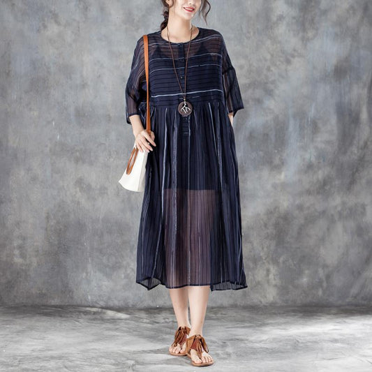 Round Neck Three Quarter Sleeve Stripe Pullover Dress