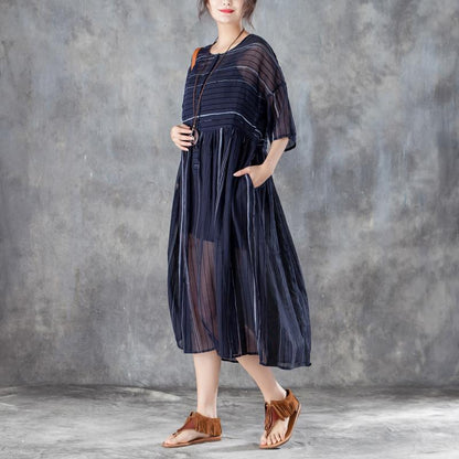 Round Neck Three Quarter Sleeve Stripe Pullover Dress