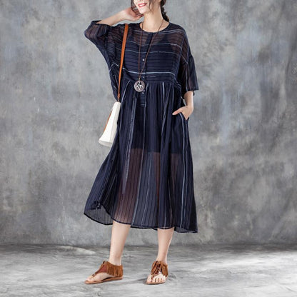 Round Neck Three Quarter Sleeve Stripe Pullover Dress