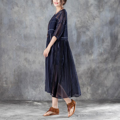 Round Neck Three Quarter Sleeve Stripe Pullover Dress