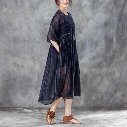 Round Neck Three Quarter Sleeve Stripe Pullover Dress