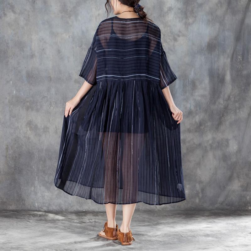 Round Neck Three Quarter Sleeve Stripe Pullover Dress