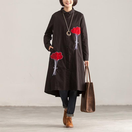 Long Sleeve Polo Collar Single Breasted Black Irregular Shirt