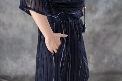 Round Neck Three Quarter Sleeve Stripe Pullover Dress