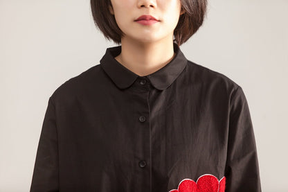 Long Sleeve Polo Collar Single Breasted Black Irregular Shirt