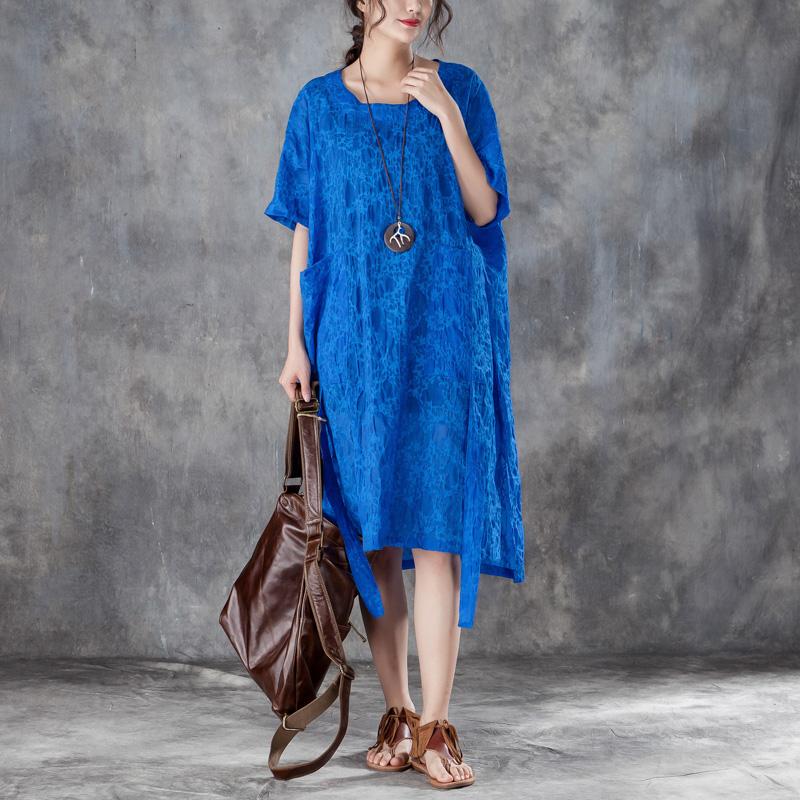 Loose Round Neck Short Sleeve Irregular Blue Dress