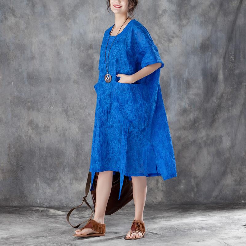 Loose Round Neck Short Sleeve Irregular Blue Dress