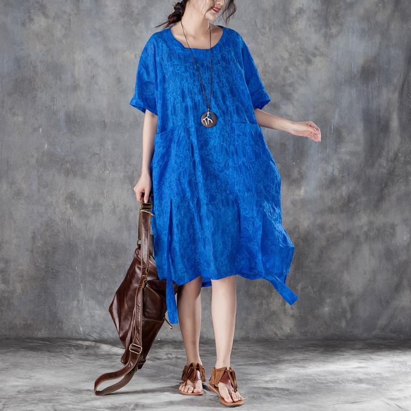 Loose Round Neck Short Sleeve Irregular Blue Dress