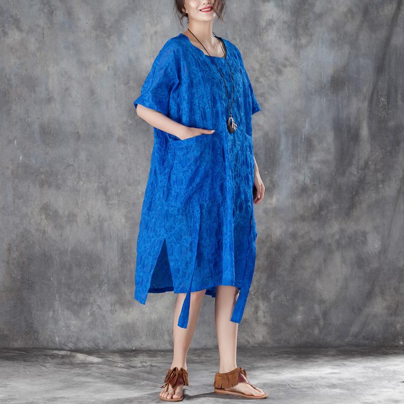 Loose Round Neck Short Sleeve Irregular Blue Dress