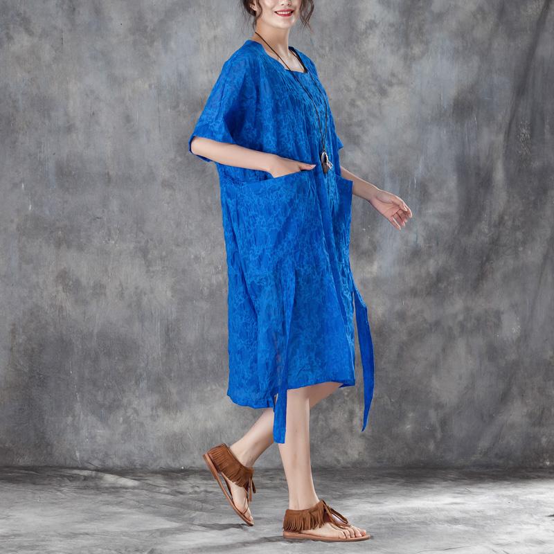 Loose Round Neck Short Sleeve Irregular Blue Dress