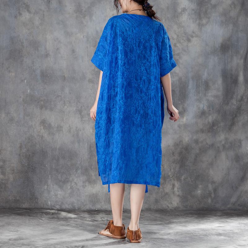 Loose Round Neck Short Sleeve Irregular Blue Dress