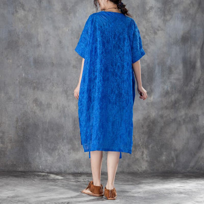 Loose Round Neck Short Sleeve Irregular Blue Dress