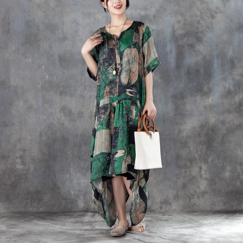 Women Short Sleeve Irregular Retro Printed Dress