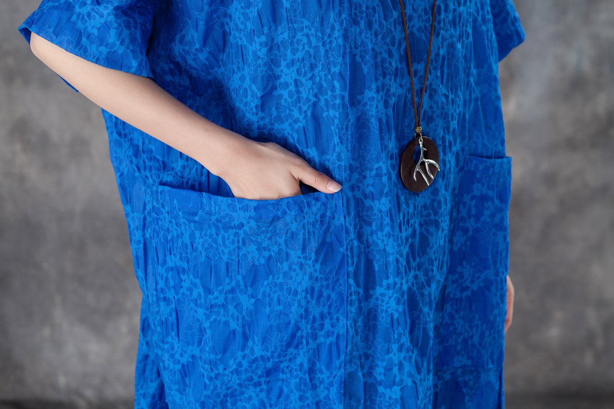 Loose Round Neck Short Sleeve Irregular Blue Dress