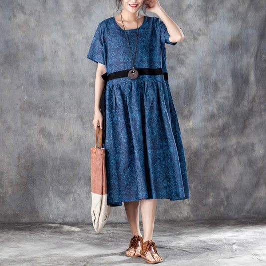 Printed Lacing Short Sleeve Dresses Blue Pleated Dress