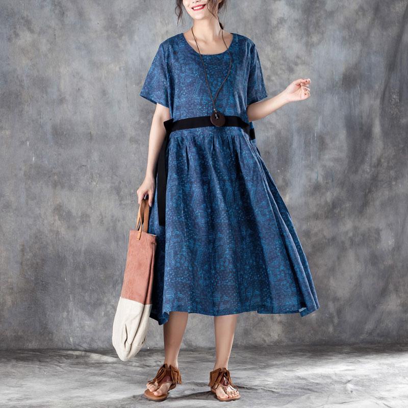 Printed Lacing Short Sleeve Dresses Blue Pleated Dress