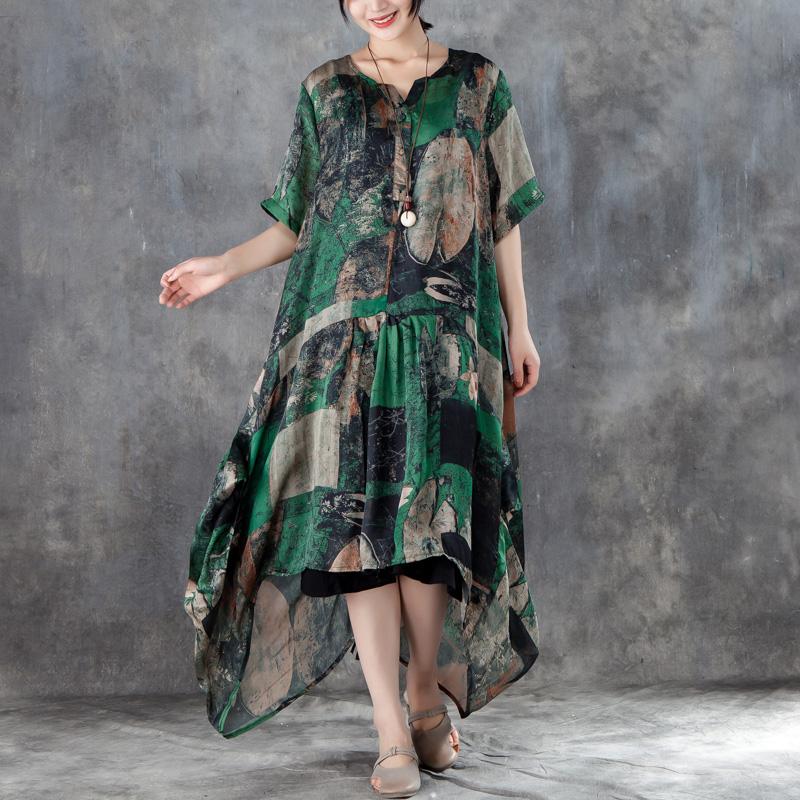 Women Short Sleeve Irregular Retro Printed Dress