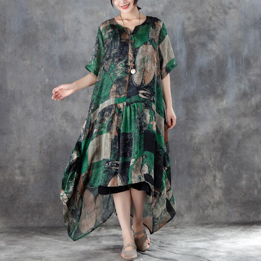 Women Short Sleeve Irregular Retro Printed Dress
