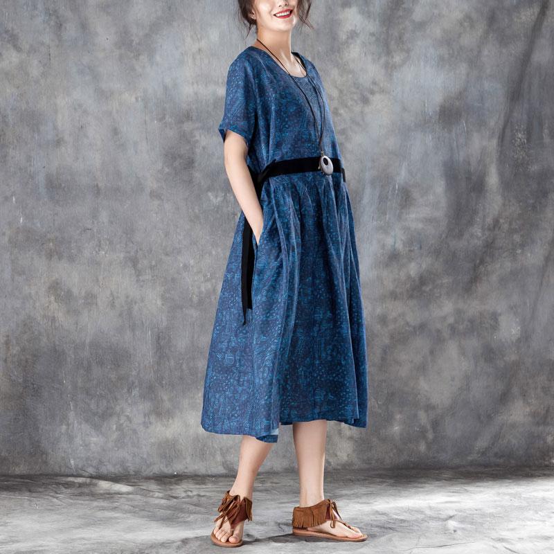 Printed Lacing Short Sleeve Dresses Blue Pleated Dress
