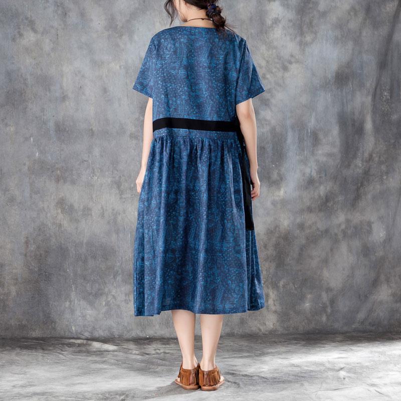 Printed Lacing Short Sleeve Dresses Blue Pleated Dress