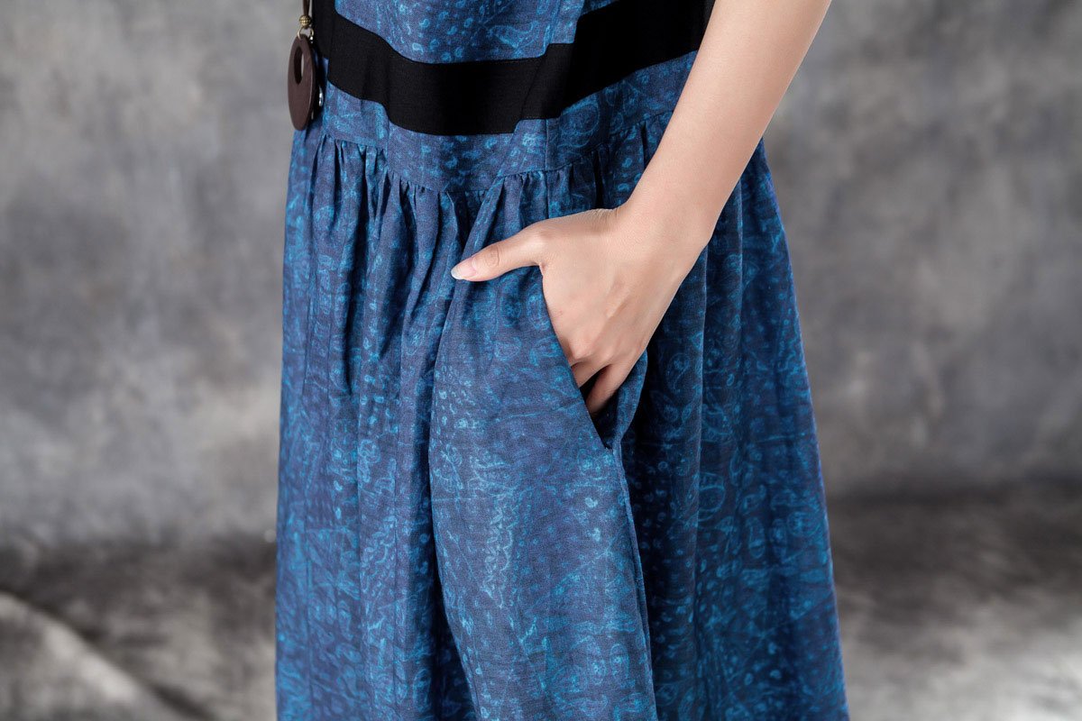 Printed Lacing Short Sleeve Dresses Blue Pleated Dress