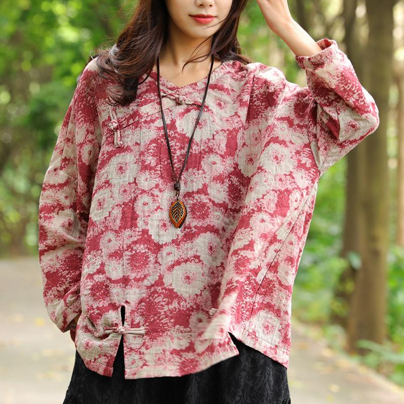 Retro Frogs Long Sleeves Autumn Winter Red Women Shirt