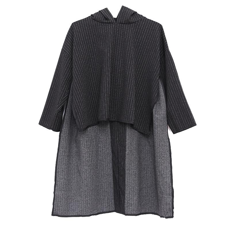 Stripe Hooded Women Loose Long Sleeve Side Slit Black Dress