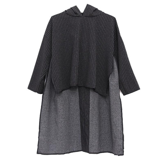 Stripe Hooded Women Loose Long Sleeve Side Slit Black Dress