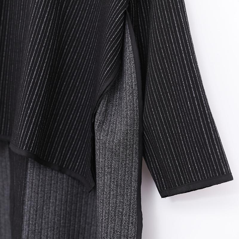 Stripe Hooded Women Loose Long Sleeve Side Slit Black Dress