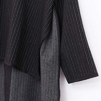 Stripe Hooded Women Loose Long Sleeve Side Slit Black Dress