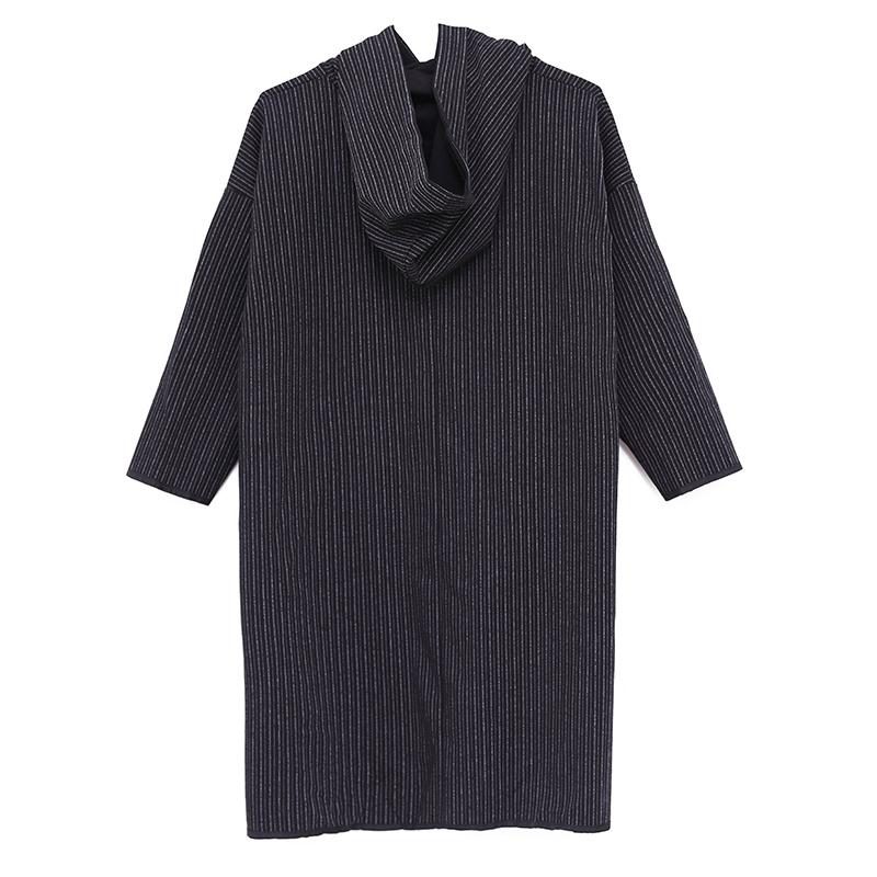 Stripe Hooded Women Loose Long Sleeve Side Slit Black Dress