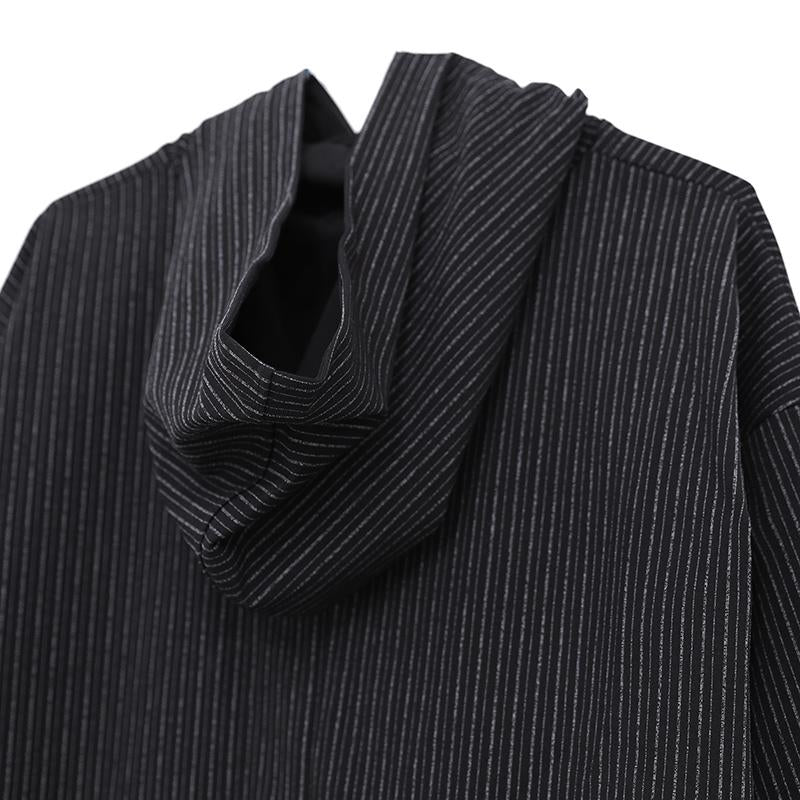 Stripe Hooded Women Loose Long Sleeve Side Slit Black Dress