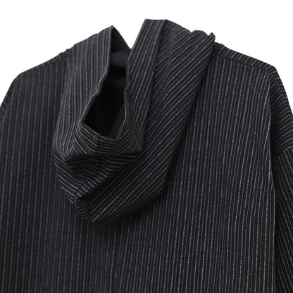 Stripe Hooded Women Loose Long Sleeve Side Slit Black Dress