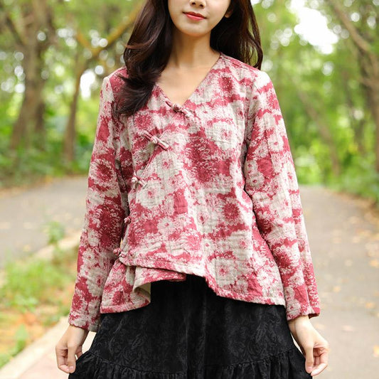 Autumn Winter Cotton Linen Casual Red Women Shirt