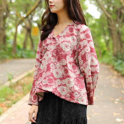 Autumn Winter Cotton Linen Casual Red Women Shirt