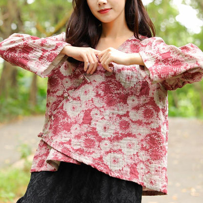 Autumn Winter Cotton Linen Casual Red Women Shirt