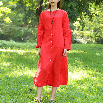 Round Neck Long Sleeve Linen Red Women Dress Two Way Wear