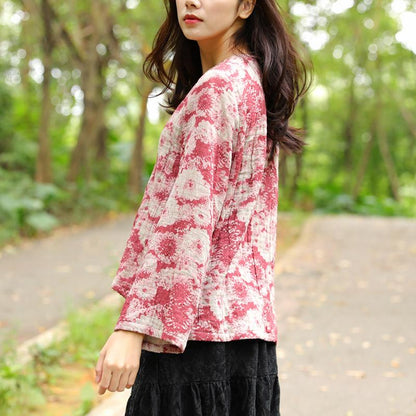 Autumn Winter Cotton Linen Casual Red Women Shirt