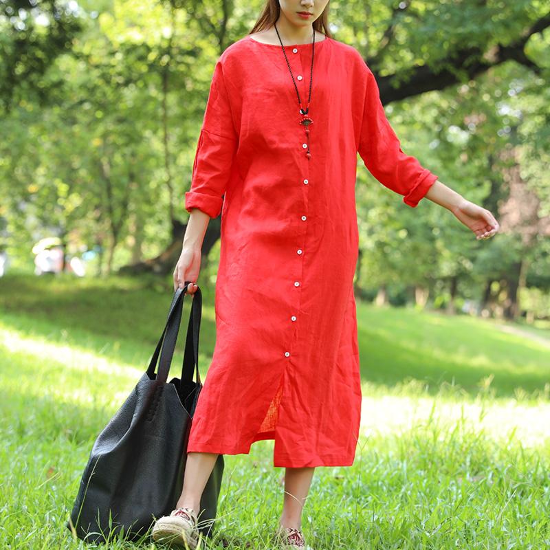 Literature Round Neck Long Sleeves Linen Red Women Dress Two Way Wear