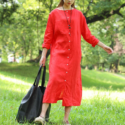 Literature Round Neck Long Sleeves Linen Red Women Dress Two Way Wear