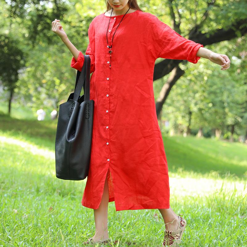 Literature Round Neck Long Sleeves Linen Red Women Dress Two Way Wear