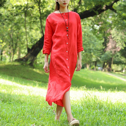 Literature Round Neck Long Sleeves Linen Red Women Dress Two Way Wear