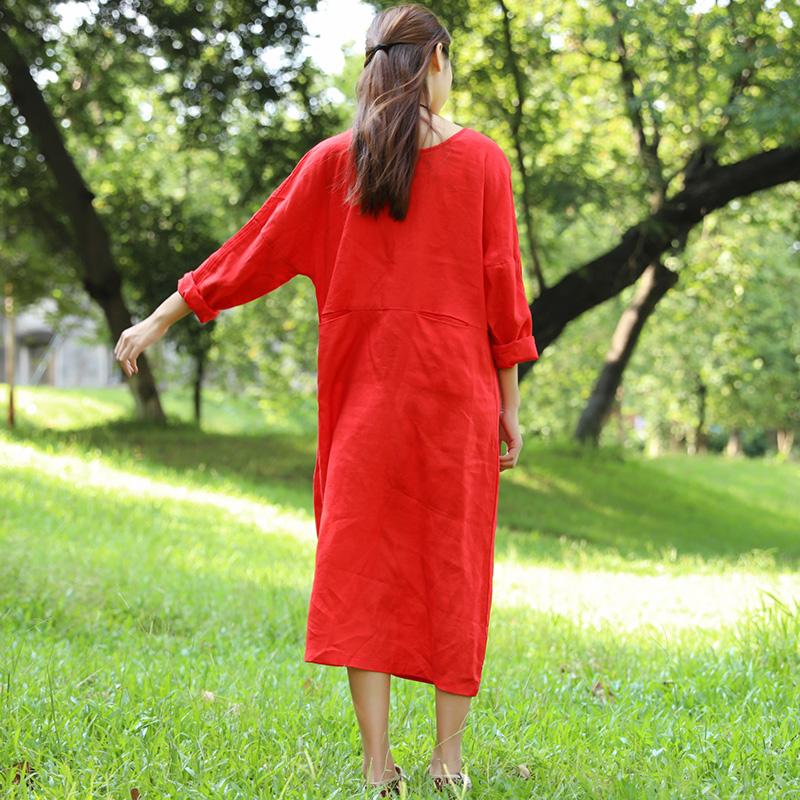 Literature Round Neck Long Sleeves Linen Red Women Dress Two Way Wear