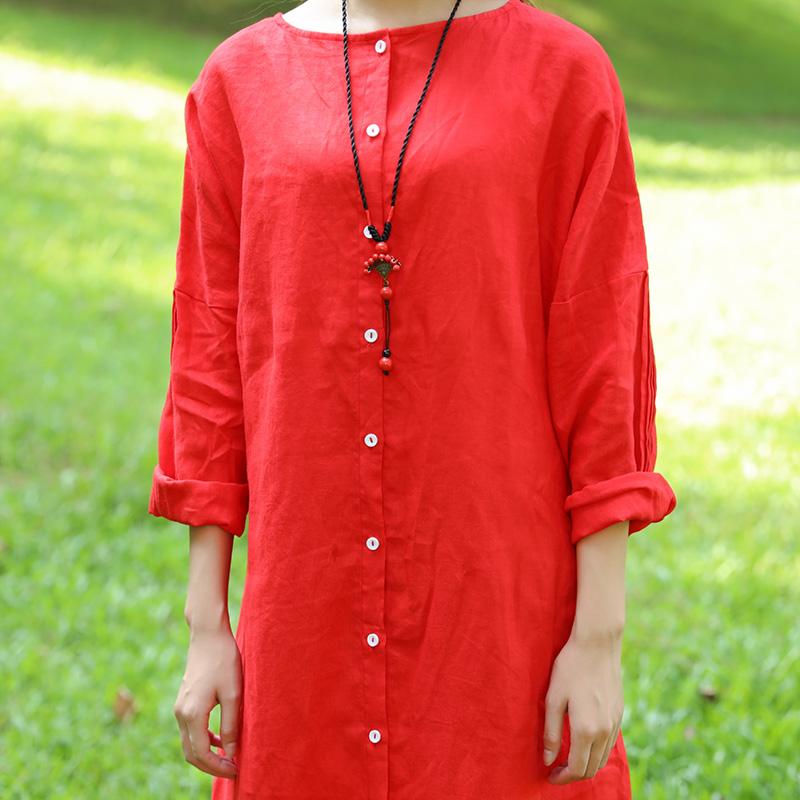 Literature Round Neck Long Sleeves Linen Red Women Dress Two Way Wear