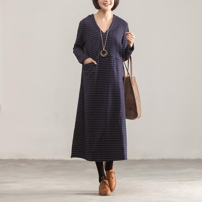 V Neck Long Sleeve Loose Women Printed Blue Dress