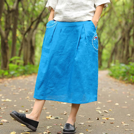 Unique Embroidery Calf Length Blue Women Skirt