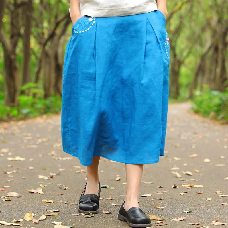 Unique Embroidery Calf Length Blue Women Skirt