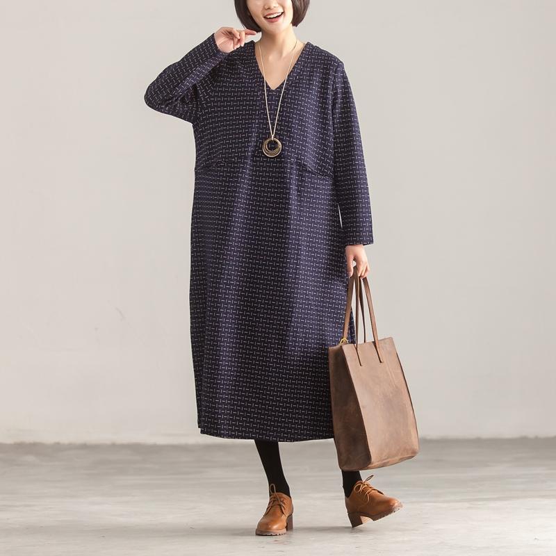 V Neck Long Sleeve Loose Women Printed Blue Dress
